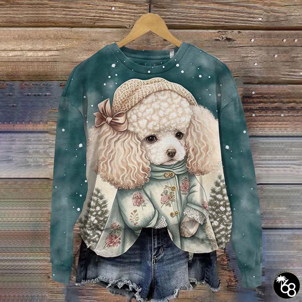 Christmas Cute Dog Watercolor Printed Long Sleeve Casual Sweatshirt | 168DEAL