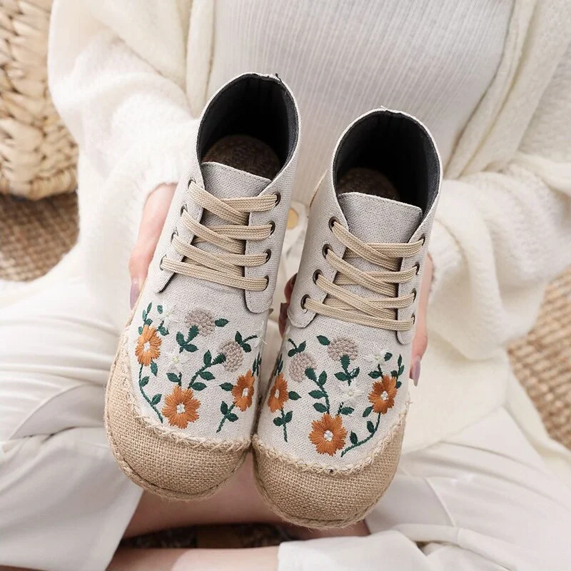 Canrulo Daisy Embroidered Women Linen Cotton High Top Lace Up Espadrilles Sneakers Ladies Comfortable Casual Flat Booties Shoes