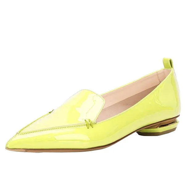Yellow Patent Leather Loafers for Women Trendy Pointy Toe Flats |FSJ Shoes