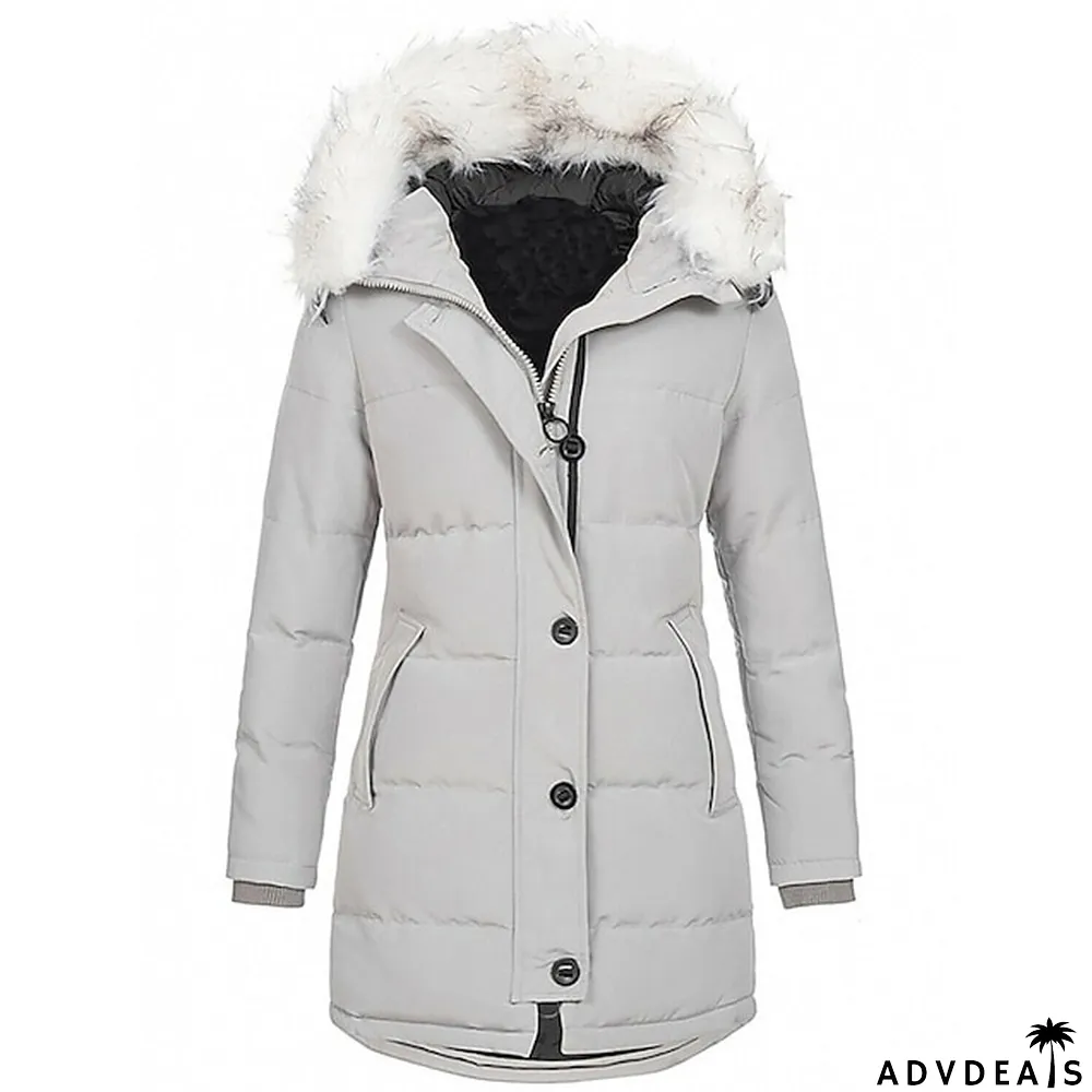 Women's Parka Thicken Puffer Jacket Fleece Winter Coat with Fur Collar Fall Warm Windproof Hooded Jacket Stylish Casual Street Jacket with Pockets Long Sleeve Black White Red