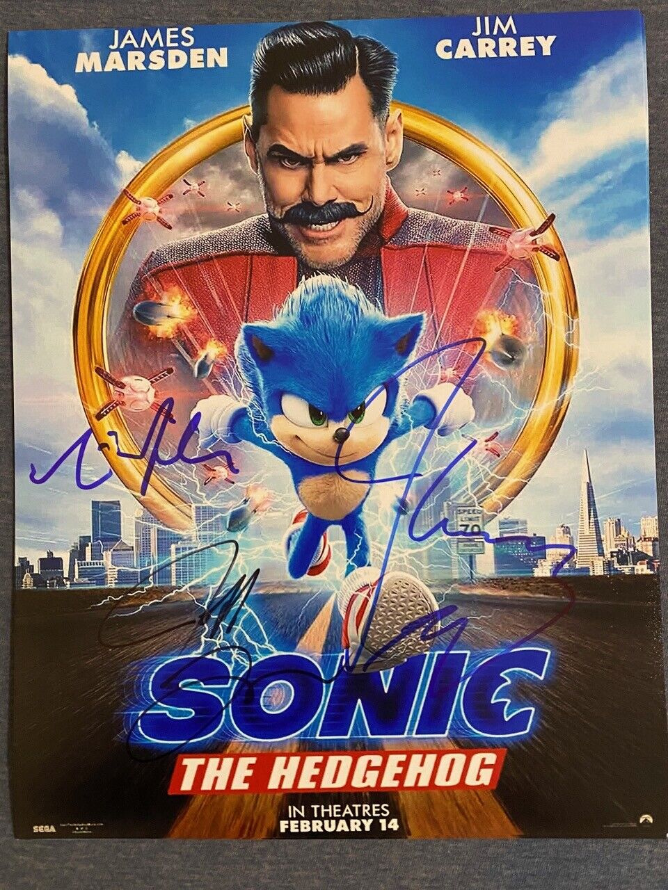 Sonic The Hedgehog Cast Signed 11x14 Photo Poster painting Jim Carrey Tim Miller Jeff Fowler COA