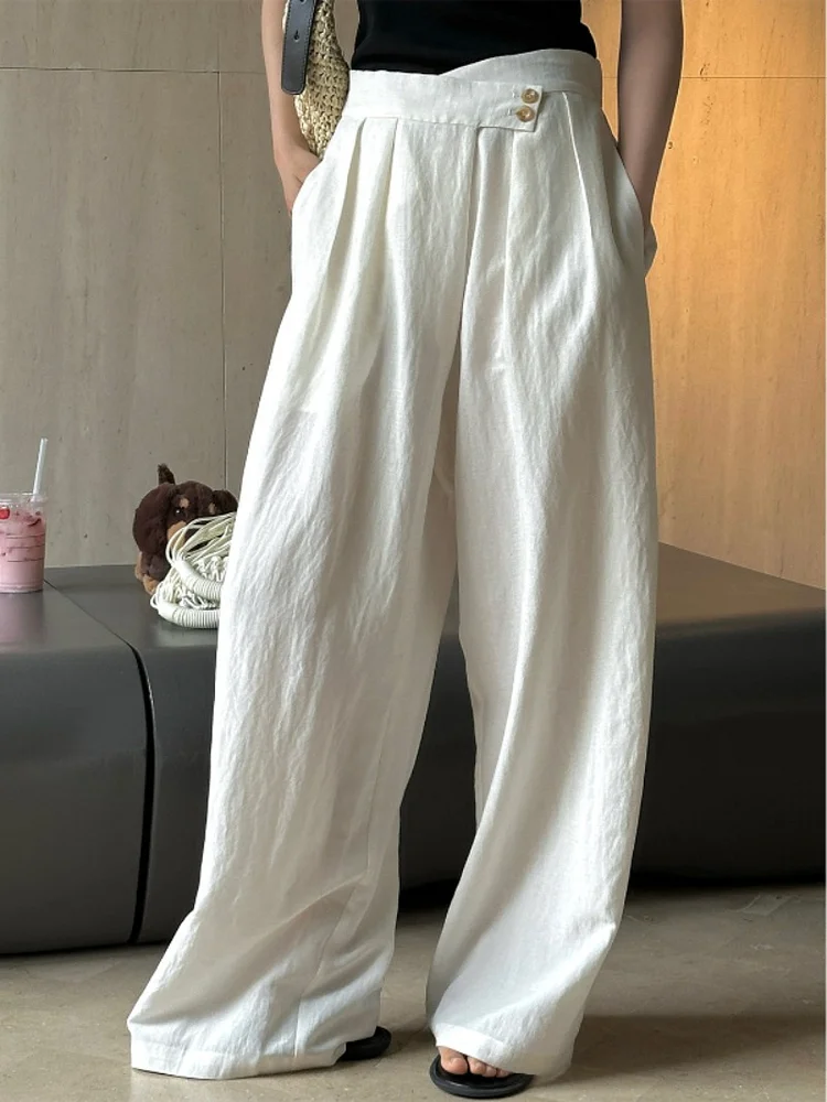 Casual Solid Color Tencel Linen Wide Leg Pants