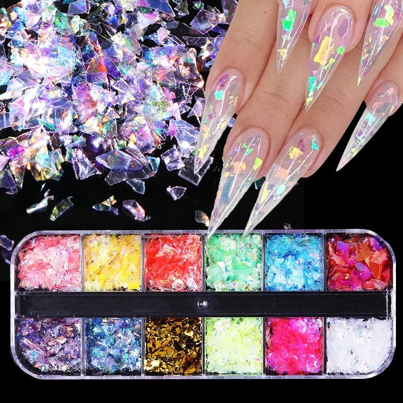 12 Grids Colorful Flourescent Nail Sequins Hollow Circle Sequins Neon Round Nail Art Glitter Flakes Butterfly 3D Slice Tips-Nail Inspo