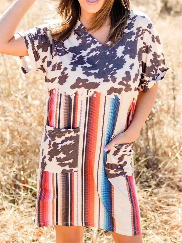 Summer New Women's Short-sleeved V-neck Leopard Positioning Print One-step Dress Dress