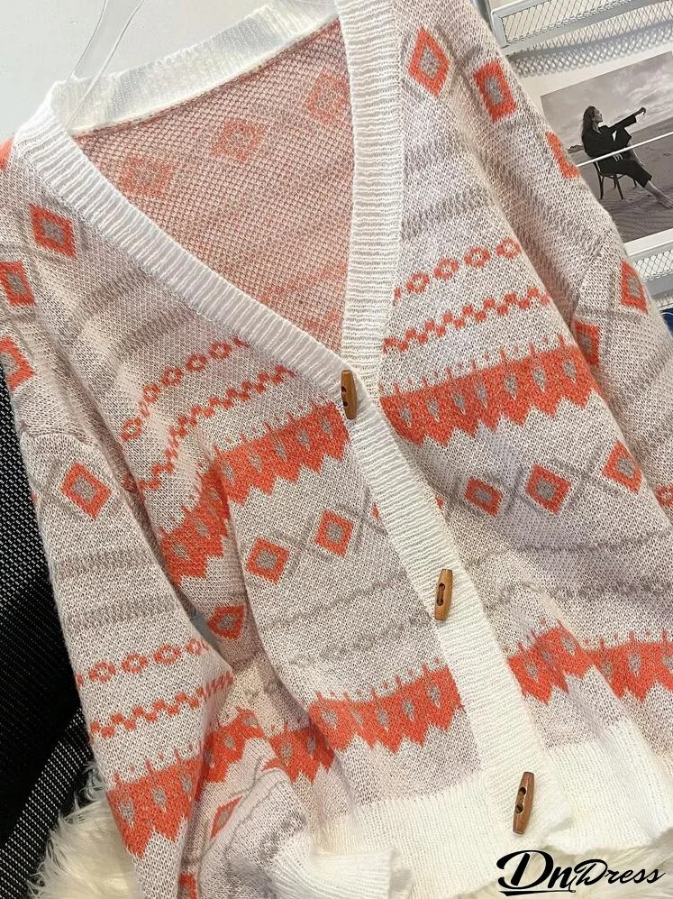 Women Geometric Pattern Drop Shoulder Casual Cardigan, Autumn/Winter