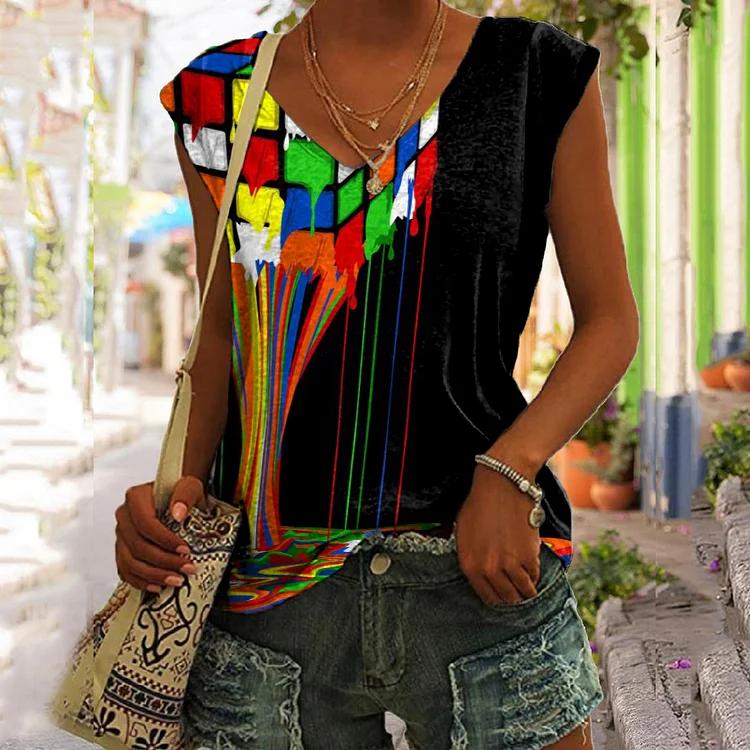 Rubik's Cube Print V-Neck Tank Top