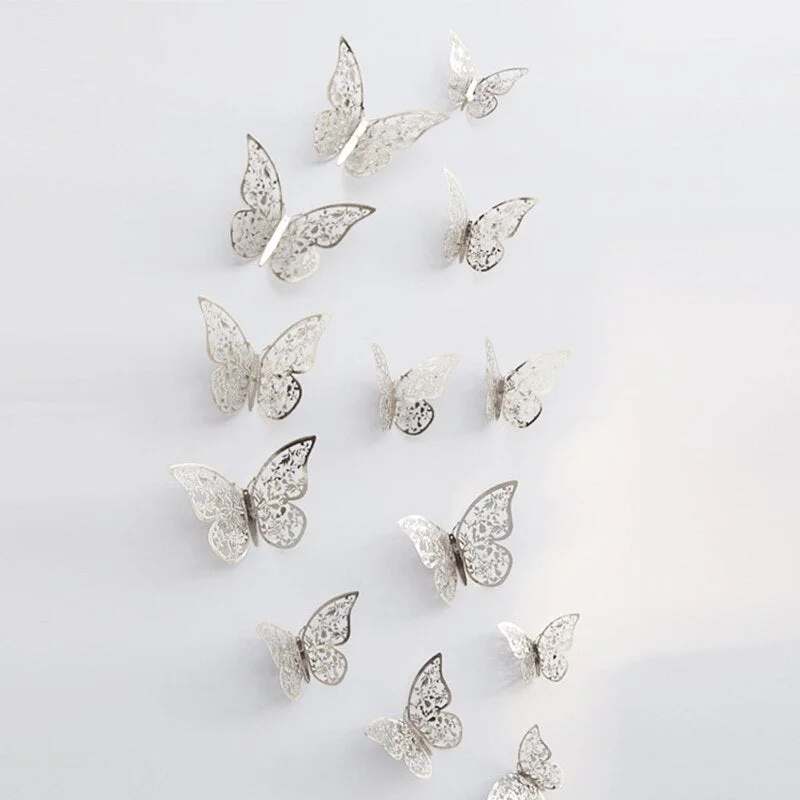 12 Pcs/Set 3D Wall Stickers Butterfly Hollow Paper 3Sizes Silver Gold for Fridge Stickers Home Party Wedding Decor Free Shipping