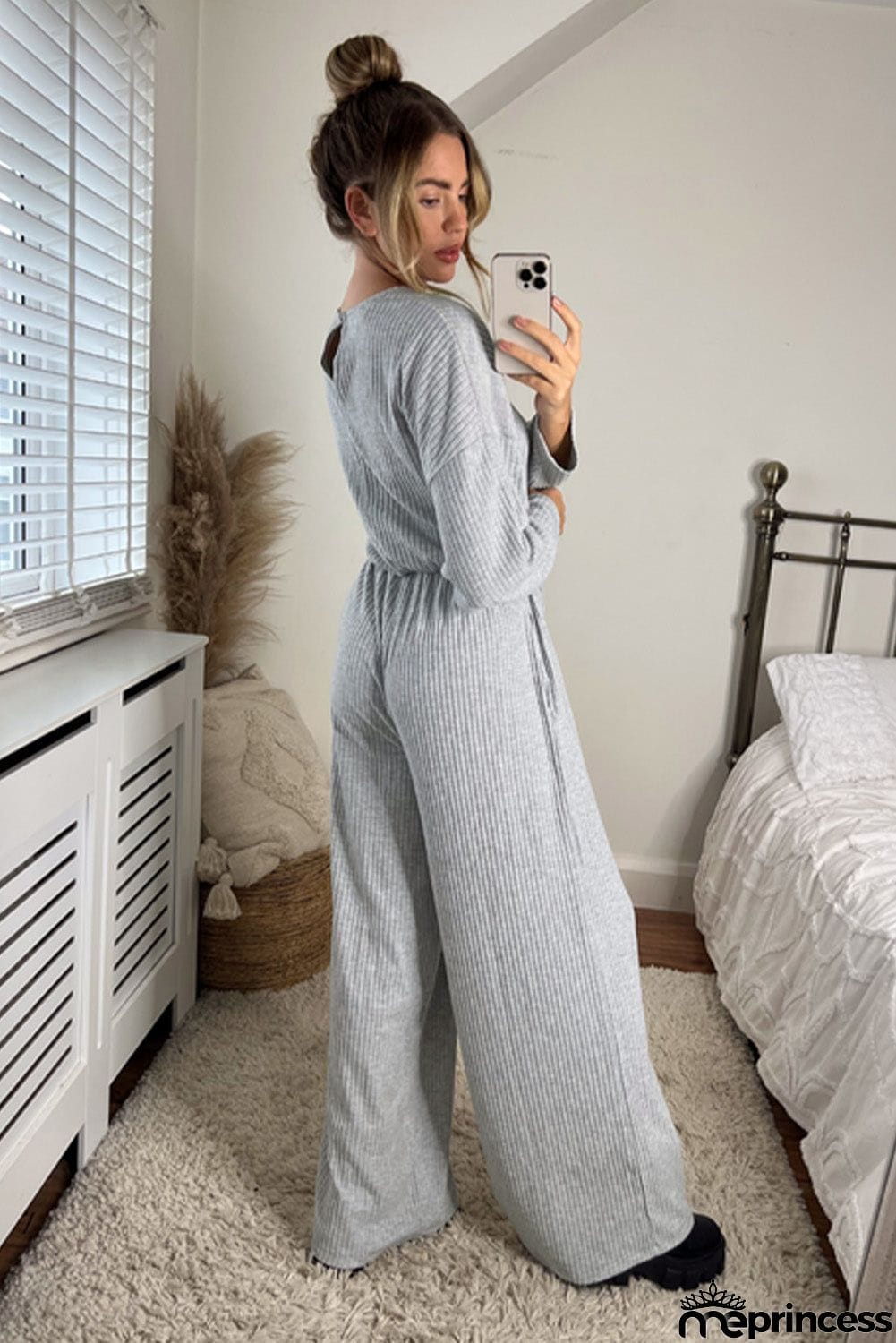Ribbed Knit Belted Wide Leg Jumpsuit