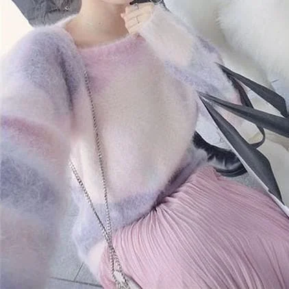 Purple Pink Gradual Change Sweet Pastel Fluffy Pullover Sweater SP178911