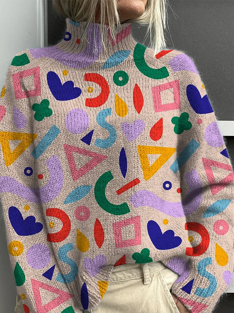 Geometric Pattern Printed Knit Turtleneck Pullover Sweater