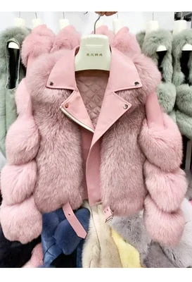 Office Lady Faux Fox Fur 2021 Winter New Fashion Women Short Zipper Jacket Female Stitching Model One Fur Parkas Overcoat