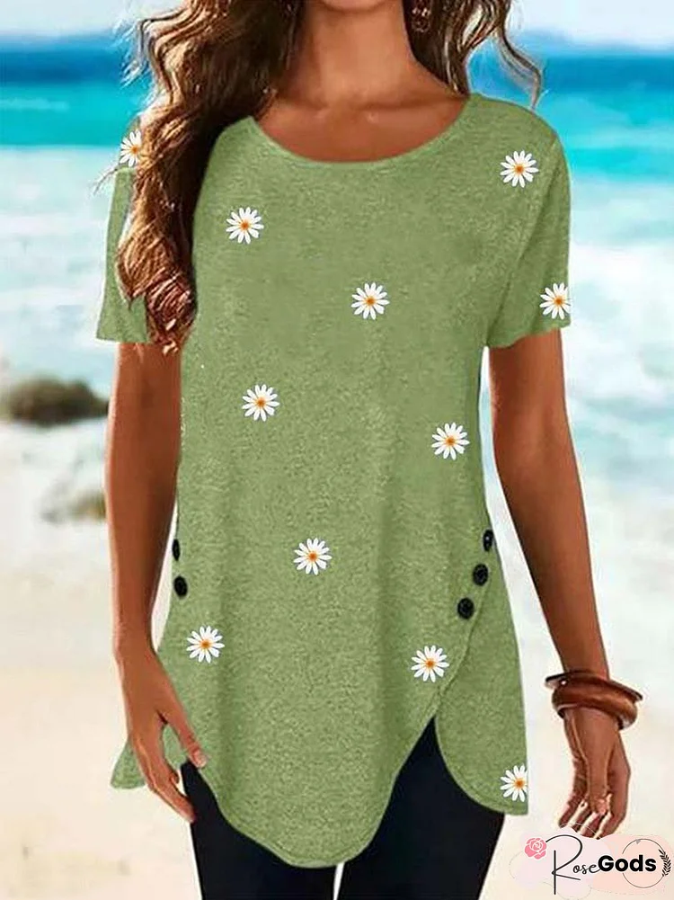 Floral-Print Crew Neck Short Sleeve Casual Tops