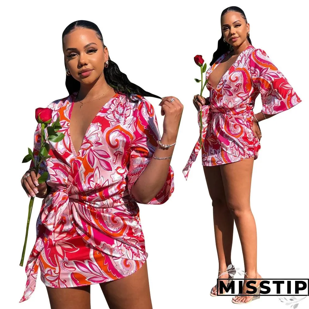 Summer Sexy Women Print Floral Short Sleeve Neck Lace Shirt Line Beach Party Mini Dress ##
