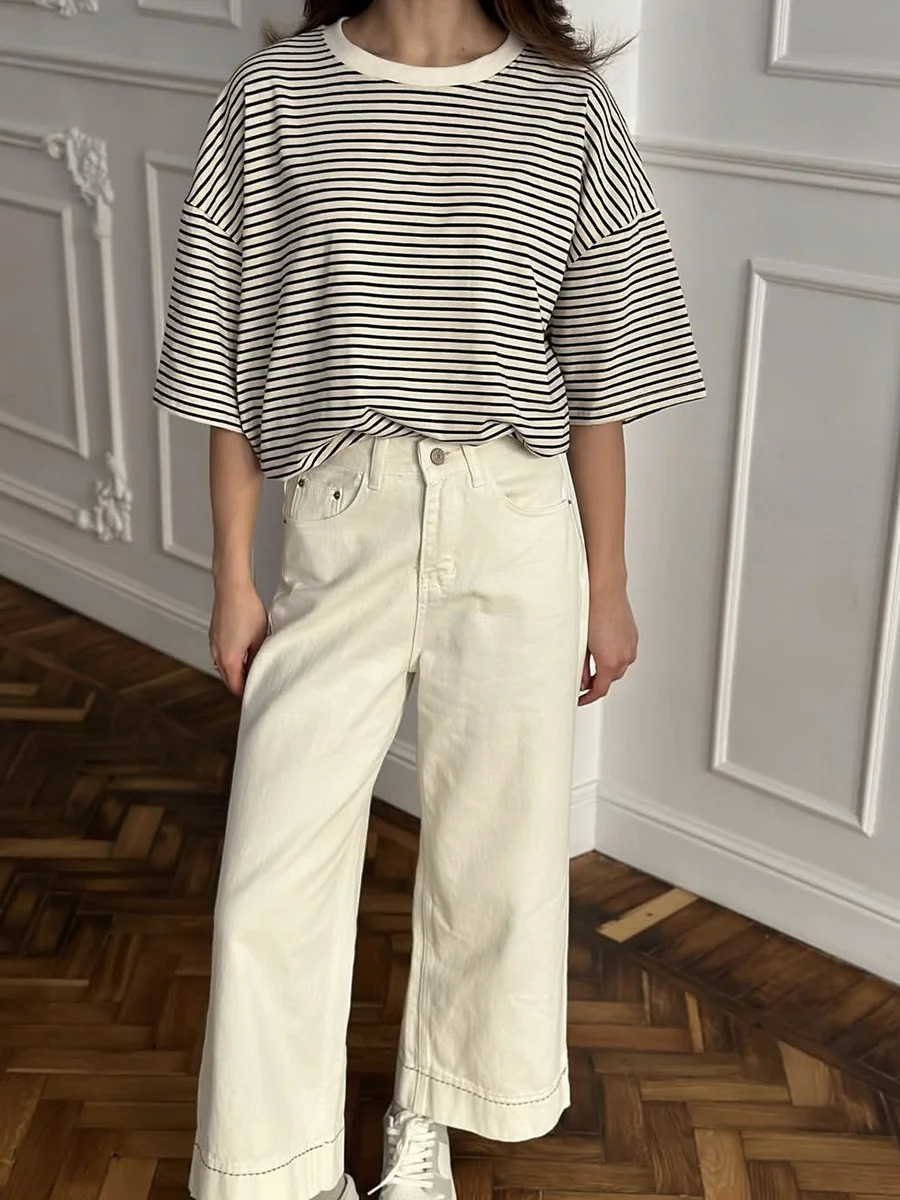 Athvotar Athvotar And White Striped Short-Sleeved T-Shirt Women 2025 Spring And Summer New Crash-Colored Loose Collar Casual Shirt