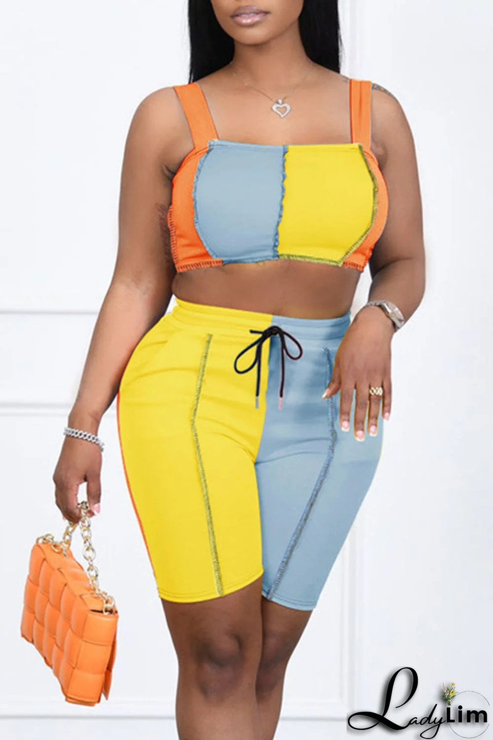 Yellow Blue Casual Solid Split Joint Sleeveless Two Pieces