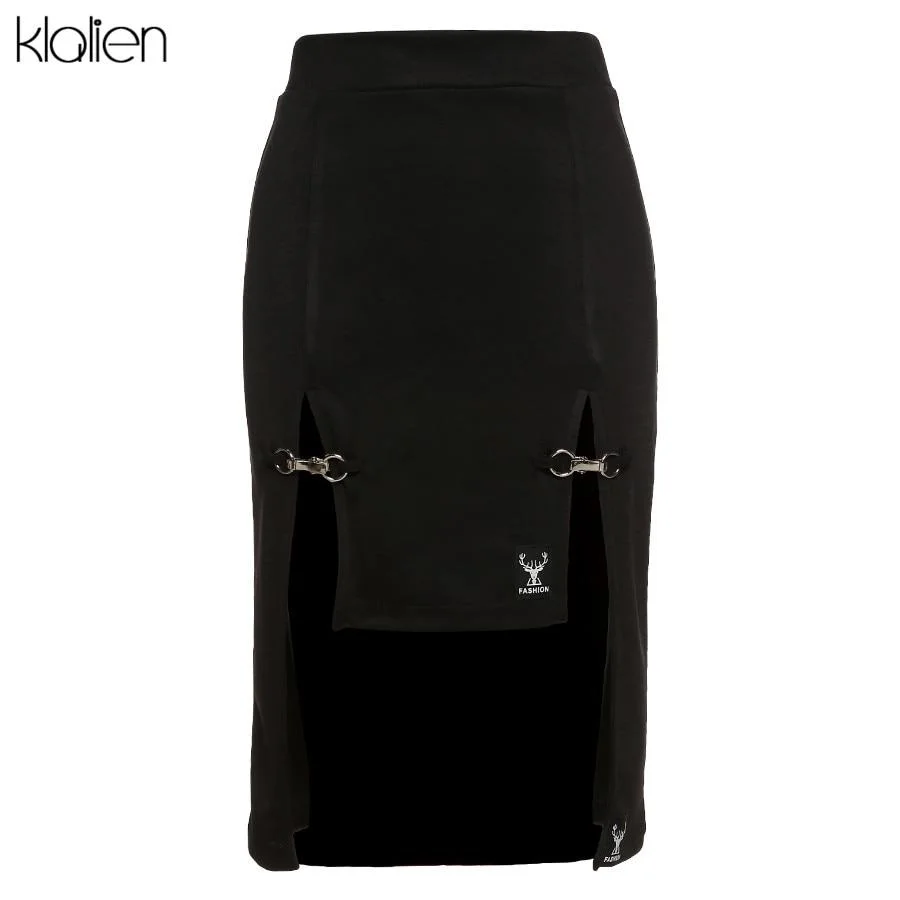 KALIEN Fashion Black Knee-Length Women Skirt Summer Autumn High Waist Skinny  Hollow Out Office Lady Wrap Skirt 2023 New