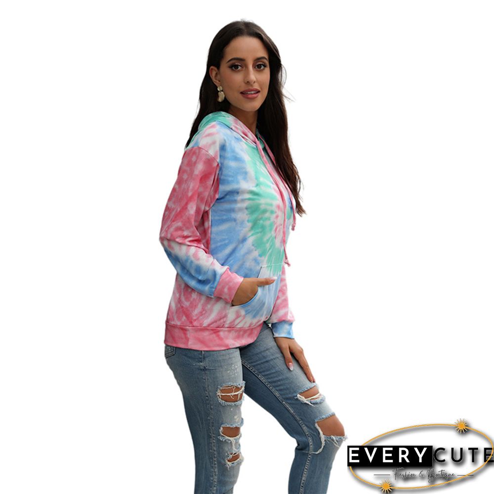 Pink Tie Dye Print Long Sleeve Drawstring Hoodie