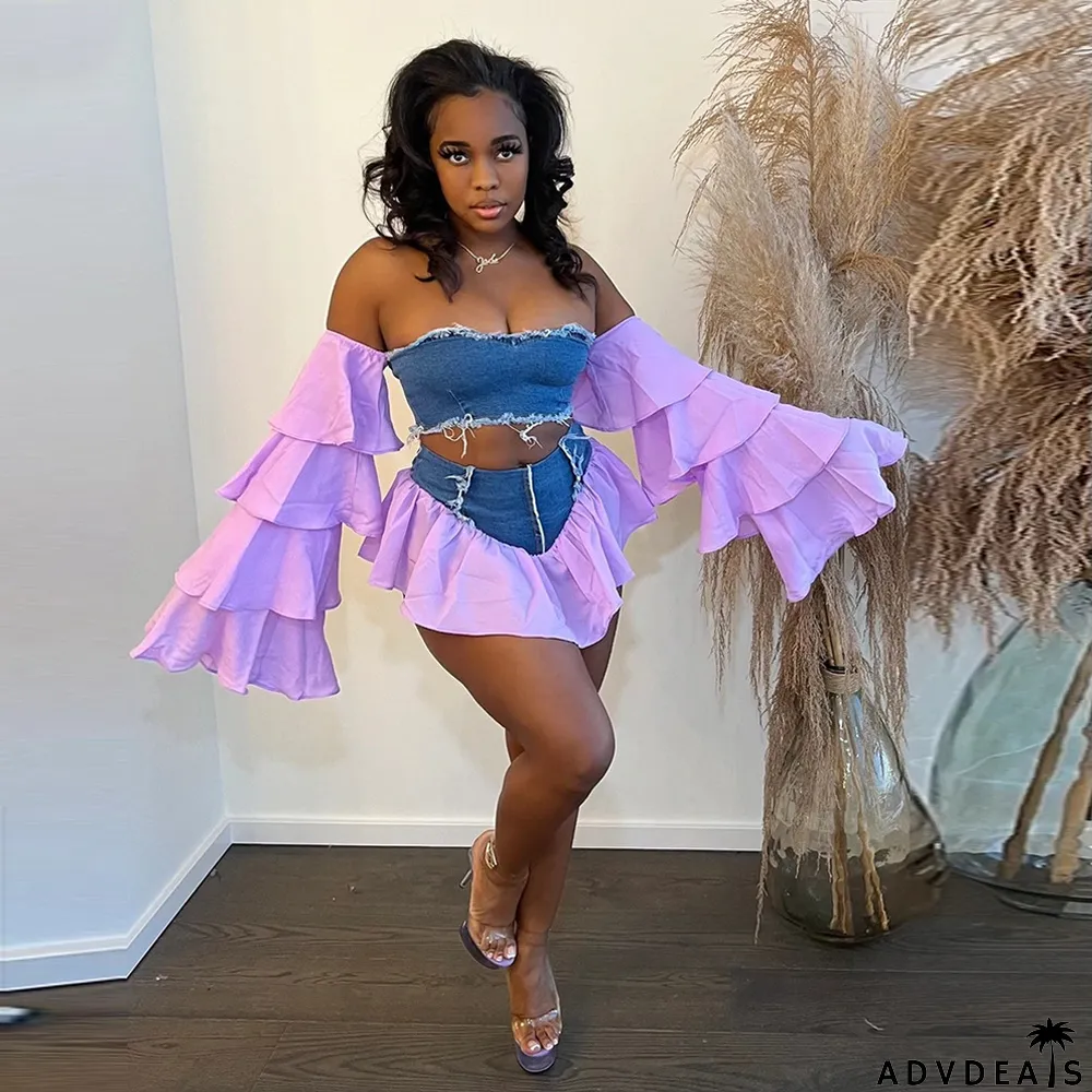 Sexy Denem Patchwork Two Piece Skirt Sets