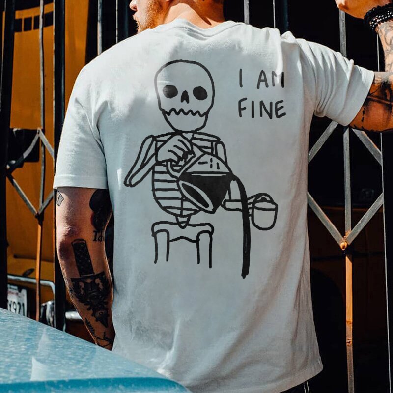 I Am Fine Skull Print Men's Casual White T-shirt - Krazyskull