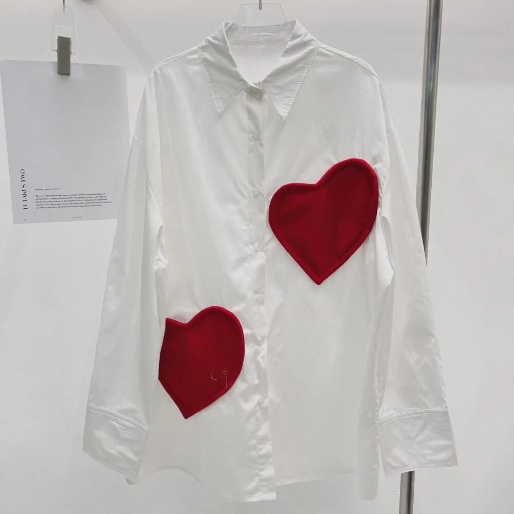 Ueong Patchwork Heart Shirt For Women Lapel Long Sleeve Loose Colorblock Button Through Blouse Female Clothing Style New