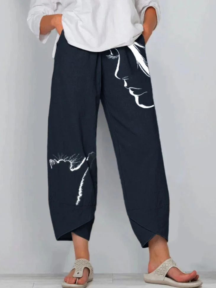 Women Cute Cat Face Like Print Pocket Slacks-Mayoulove