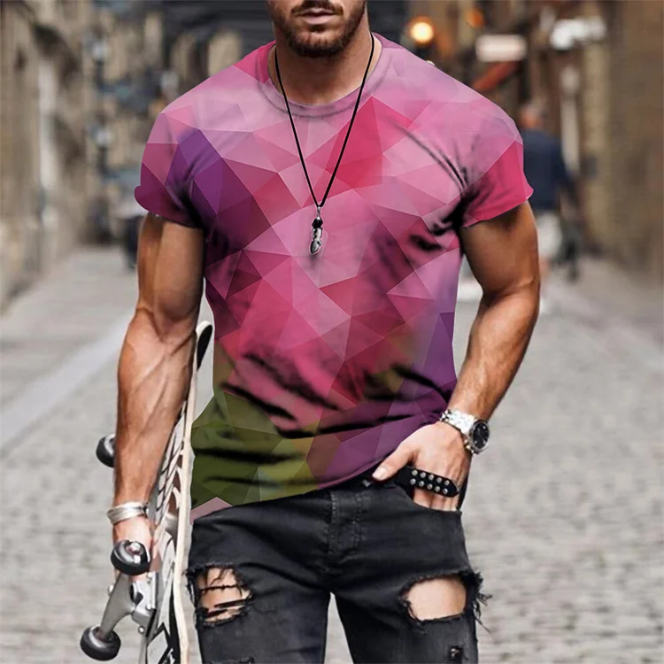 Pink Geometry Summer Short Sleeve Men's T-Shirts at Hiphopee