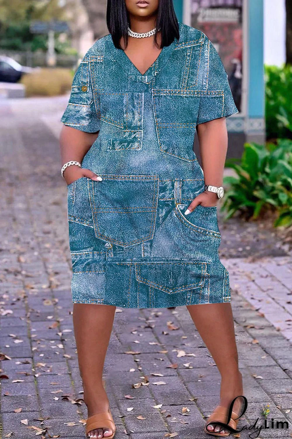 Orange Green Casual Print Patchwork V Neck Short Sleeve Dress