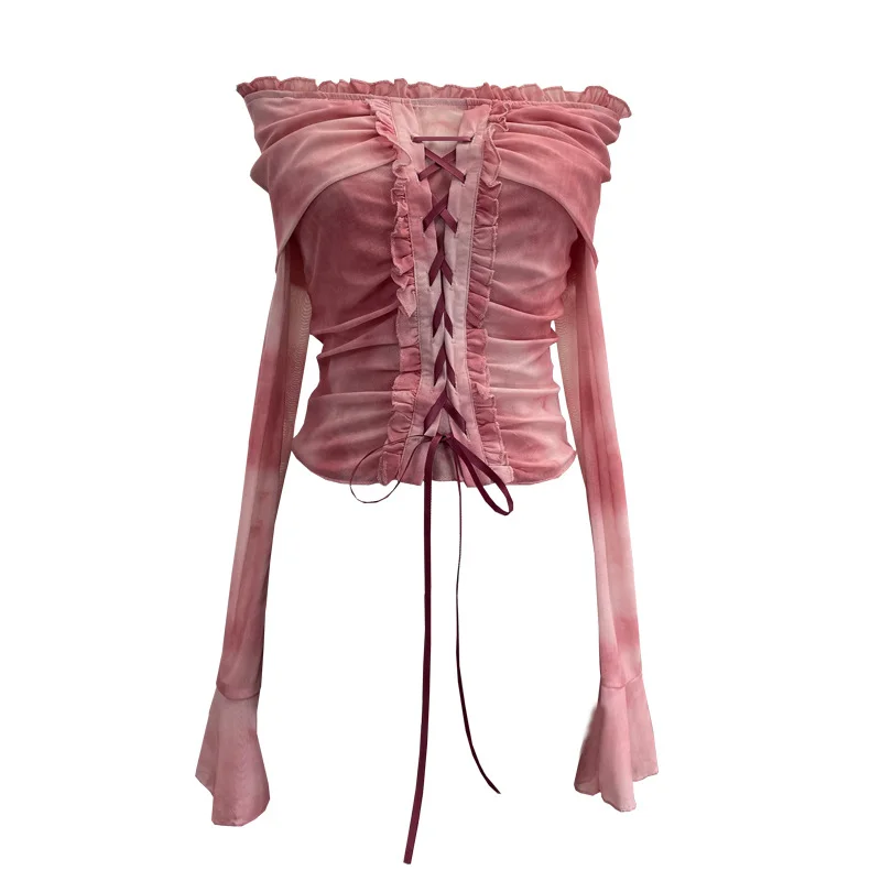 Uveng Vintage Dizzying Rope Tie To Close The Waist Umbilked Short Shoulder Horn Horn Long-Sleeved Top 2592