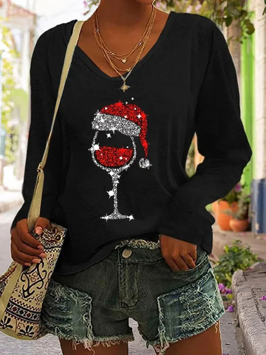Christmas Wine Glass Print V-Neck T-Shirt