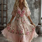 Women's Vintage Pink Floral Art Embroidered Flowy Maxi Dress - Image 2