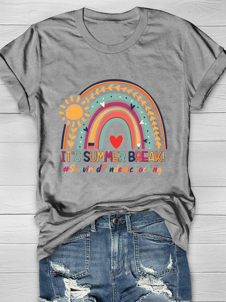 It's Summer Break Rainbow Print Short Sleeve T-Shirt