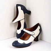 【PORTERNA】Fuse Mary Jane Pumps Navy and White Mary Jane Pumps Vintage Style Spool Heel