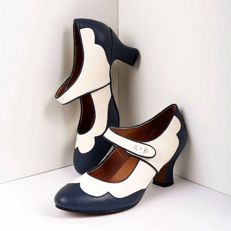 Navy and White Mary Jane Pumps Vintage Style Chunky Heel Shoes |FSJ Shoes