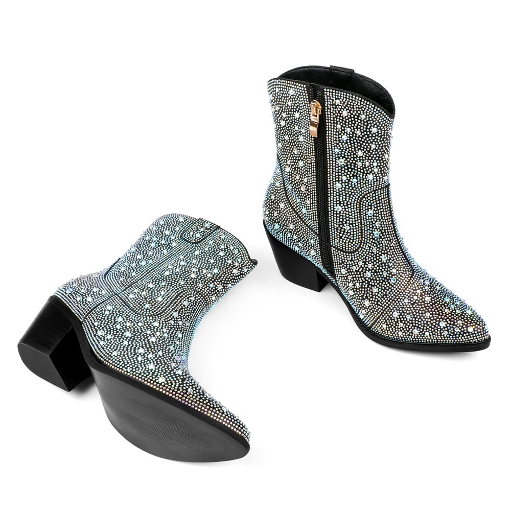 60mm Women's  Boots Ankle High Medium Heel Chunky Heel Diamond Studded Fashion Pull On Boot-MERUMOTE