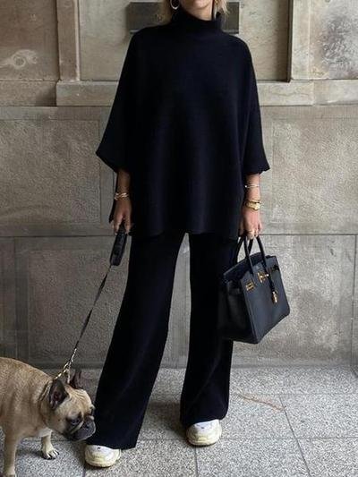 Classic All-match Half High Neck Wool Knit Black Suit