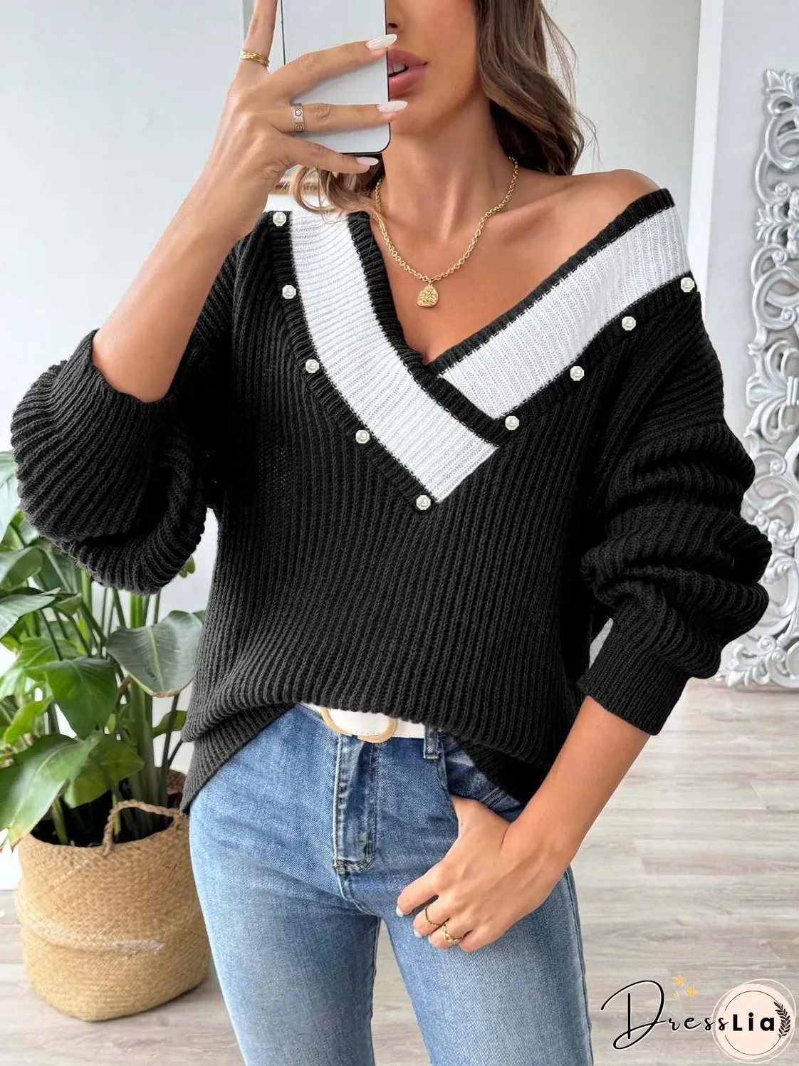Contrast Trim Dropped Shoulder Long Sleeve Sweater