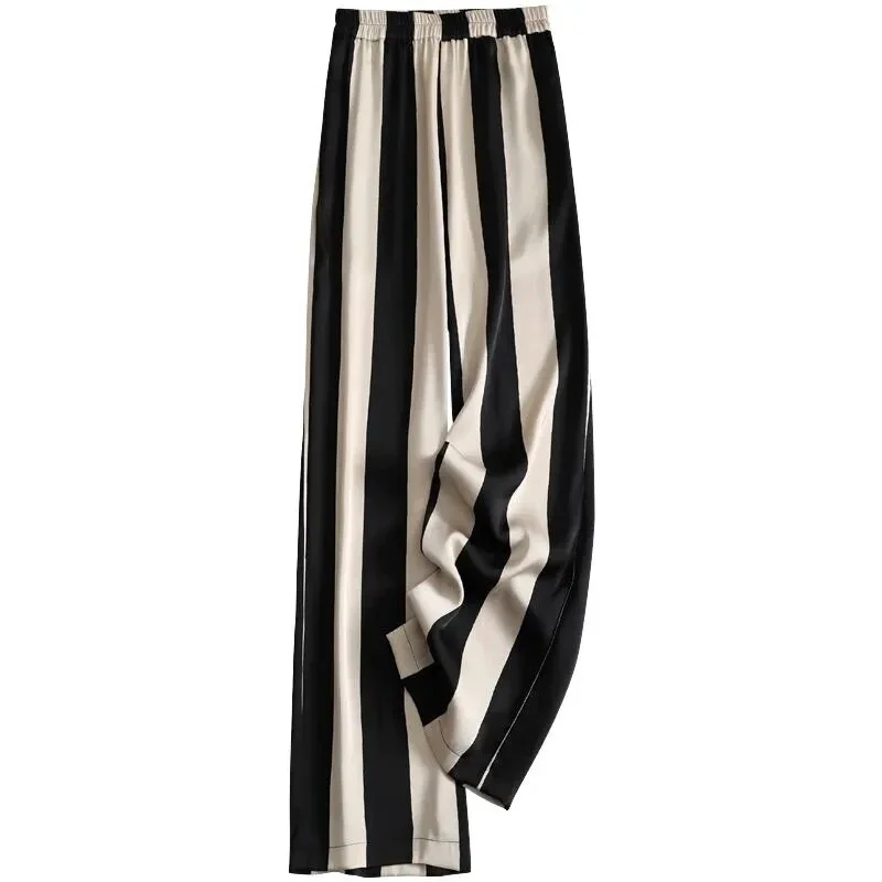 Churchf Striped Acetate Vintage Elastic High Waist Wide-Leg Loose Women's Pants Korean Fashion Full Length Pants For Women 2023