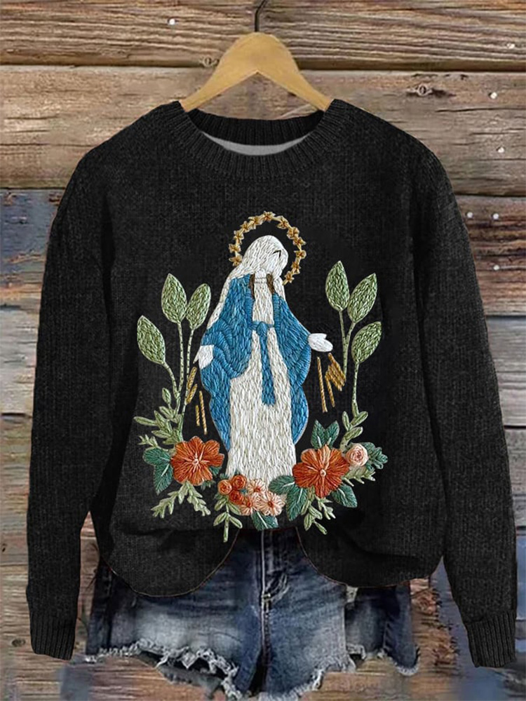 Comstylish Women's Christian Our Lady Floral Knitted Casual Sweater