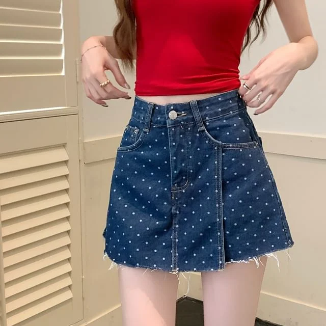 Mini Skirt Fray Dot Polka Rise High Denim A-Line