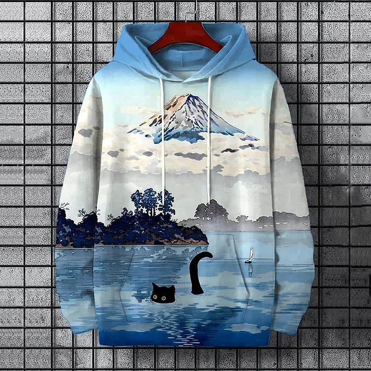 Men's Mount Fuji Cat Lake Landscape Japanese Art Print Hoodie