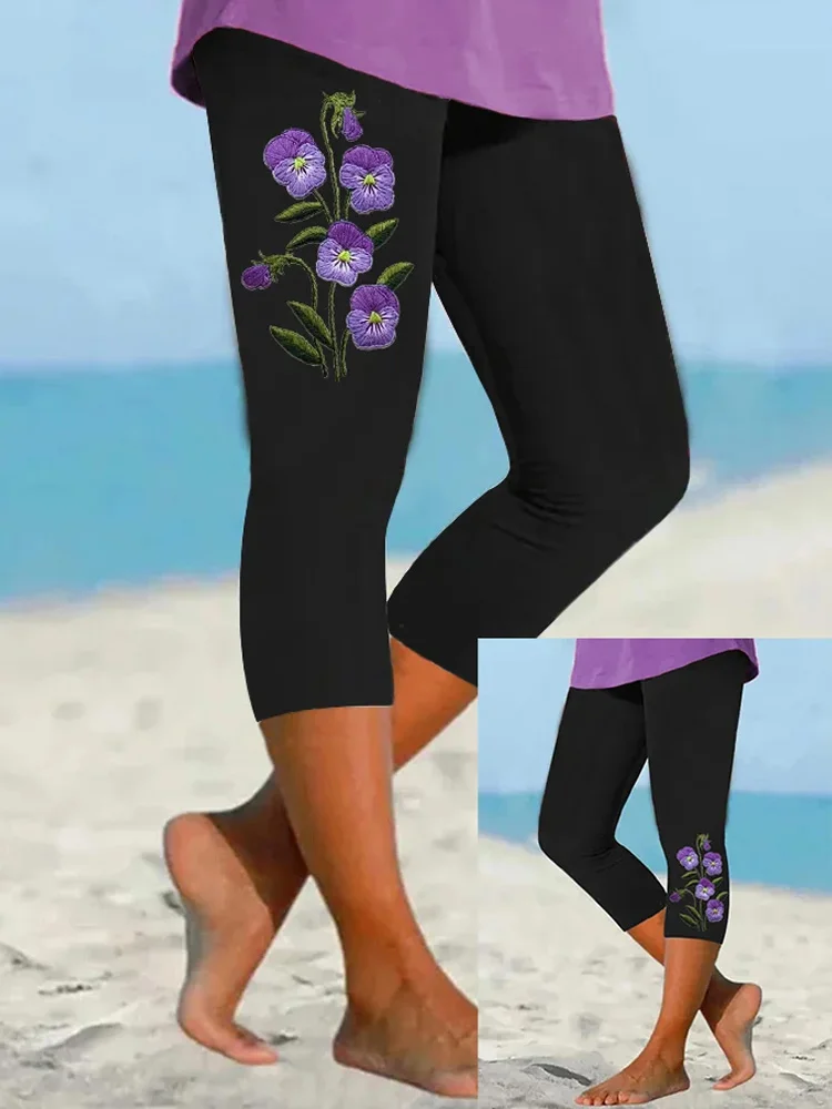 Women's Purple Flower Alzheimer's Awareness Support Cropped Leggings