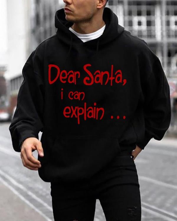 Men's Casual Christmas Letters Print Black Hoodie-VESSFUL