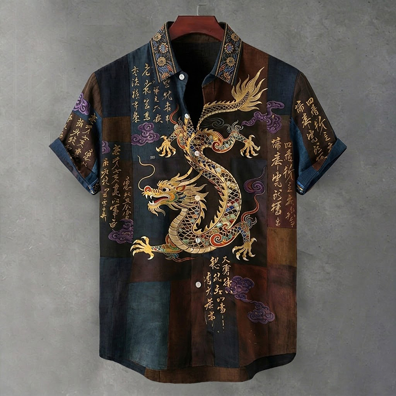 Comstylish Men's Vintage Japanese Calligraphy Dragon Art Pattern Linen Blend Shirt