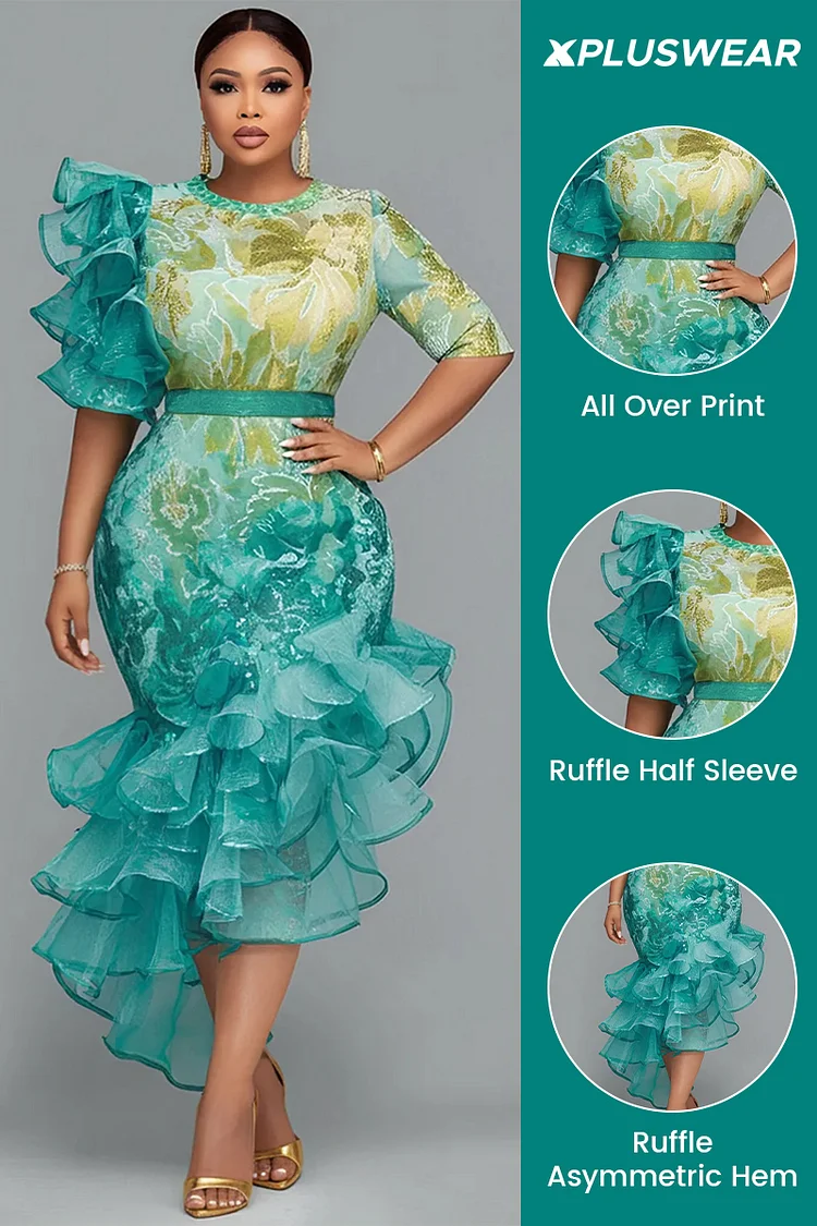 Xpluswear Design Plus Size Cocktail Party Green All Over Print Round Neck Half Sleeve Ruffle Asymmetric Hem Irregular Hem Midi Dresses - Xpluswear.com Xpluswear Design Plus Size Cocktail Party Green All Over Print Round Neck Half Sleeve Ruffle Asymmetric Hem Irregular Hem Midi Dresses - Xpluswear.com