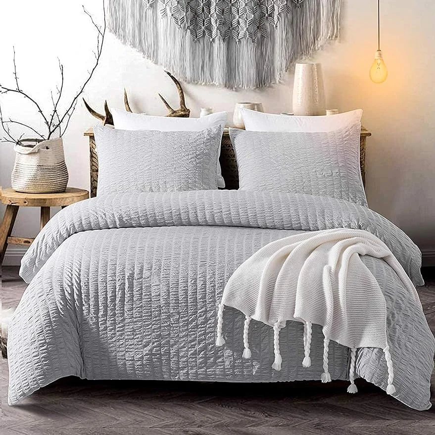 Seersucker Duvet Cover Set King Size 3 Pieces Grey Textured Bedding Duvet Cover Ultra Soft Lightweight Microfiber Comforter Cover Set with Zipper Closure Corner Ties