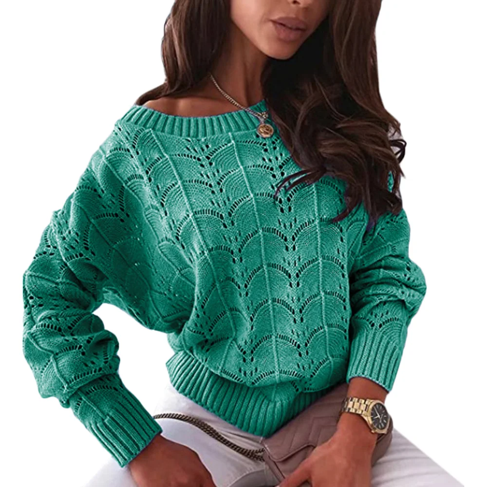 Green Hollow Out Bat Sleeve Off Shoulder Sweater