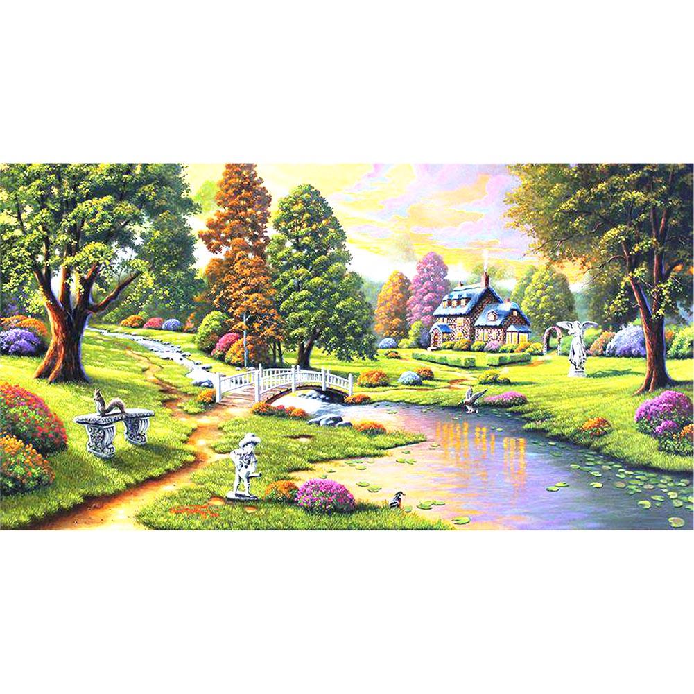 

85x45cm Round Drill Diamond Painting-River House Trees, 501 Original
