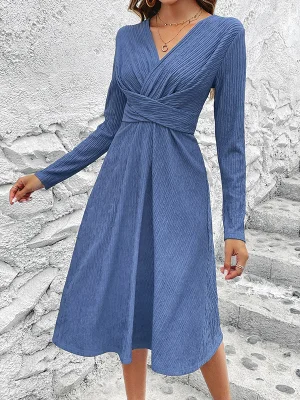 Image of Split-Joint Solid Color Pleated Loose Long Sleeves V-Neck Midi Dresses