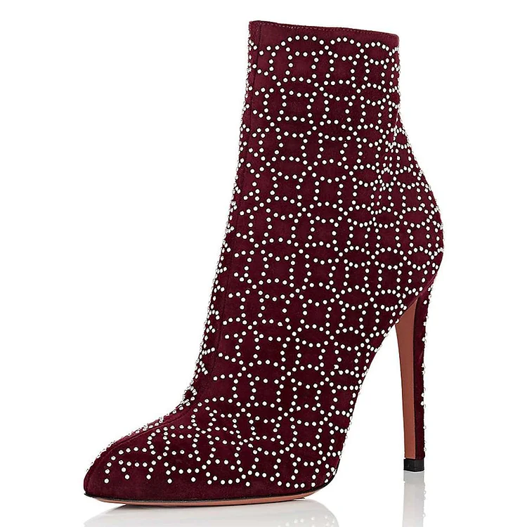Maroon Quilted Ankle Boots Studs Shoes Pointy Toe Stiletto Boots |FSJ Shoes