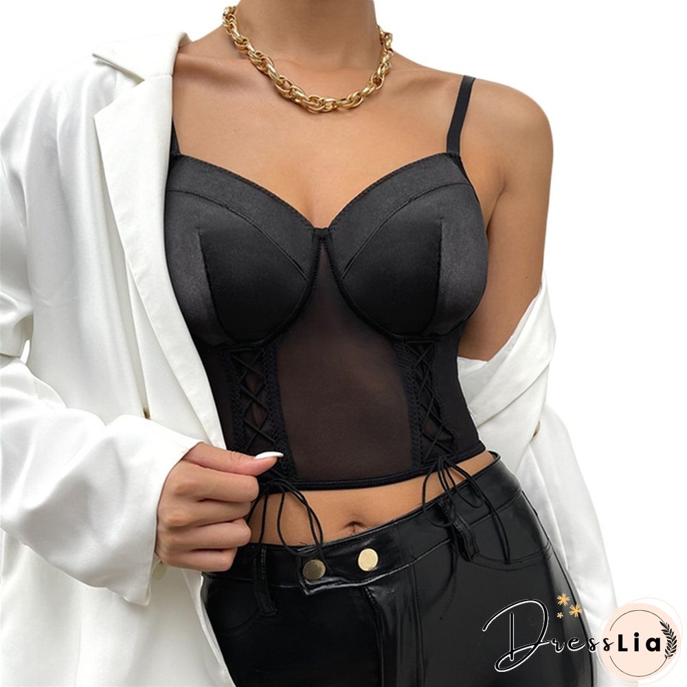 Y2k Aesthetic Mesh Cami Top Sexy Ladies Sleeveless V Neck Cropped Tshirt New Fashion Womens Tanks Shirring Camisole